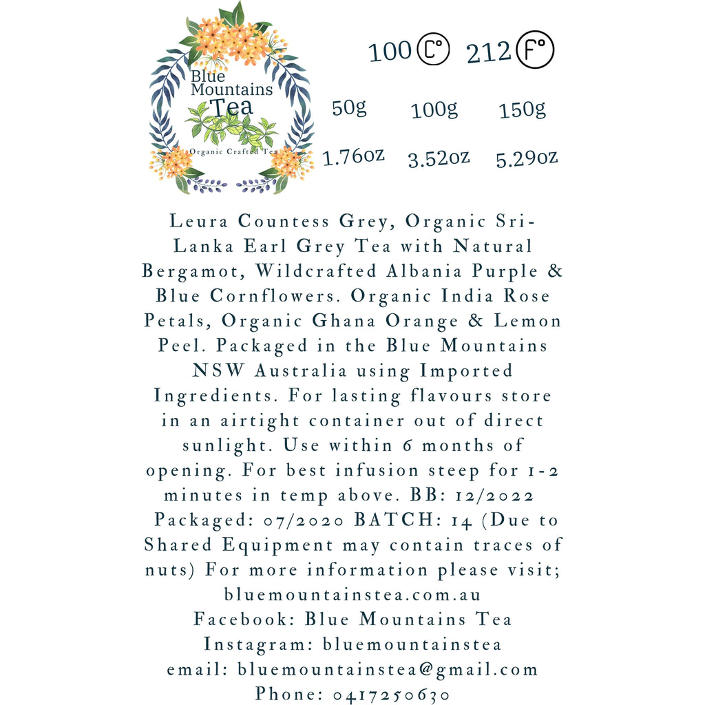 Leura Countess Grey Tea by Blue Mountains Tea Co back Labels Showing country of Origin for all ingredients.