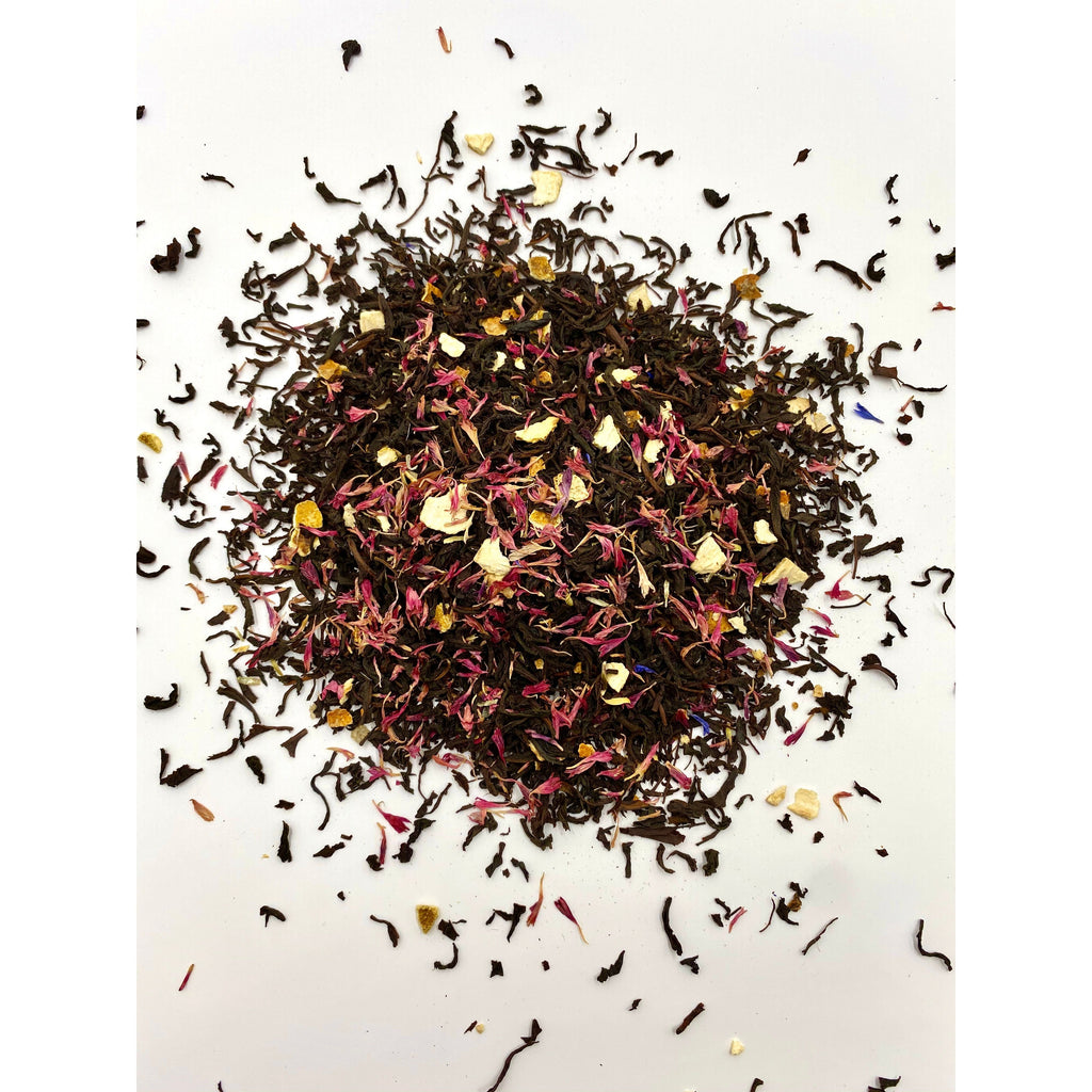 Leura Countess Grey Tea leaves are scattered to show the cut of the tea and to define the beautiful ingredients within. All crafted for delicious flavours by Blue Mountains Tea Co.