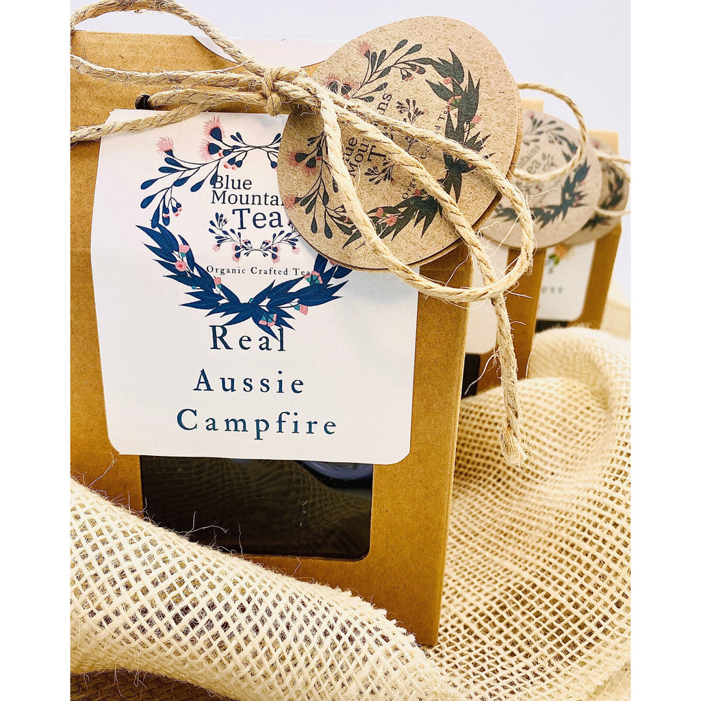Real Aussie Campfire Tea, Australian Made with Australian Ingredients. Here the Tea is packaged in recycled Kraft boxes and labeled using B;ue Mountains Tea Co labels and decorations.